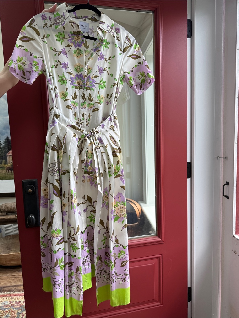 Misa Los Angeles Cream Floral Tie-Waist Midi Dress with Lavender and Green